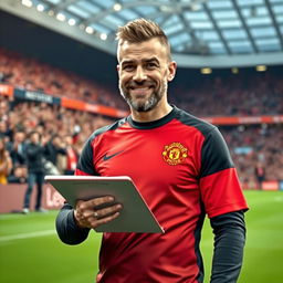 A humorous and creative scene featuring Pep Guardiola, the famous football manager, wearing a Manchester United shirt