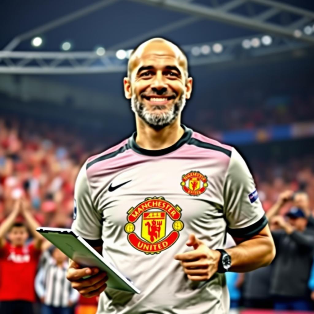 A humorous and creative scene featuring Pep Guardiola, the famous football manager, wearing a Manchester United shirt