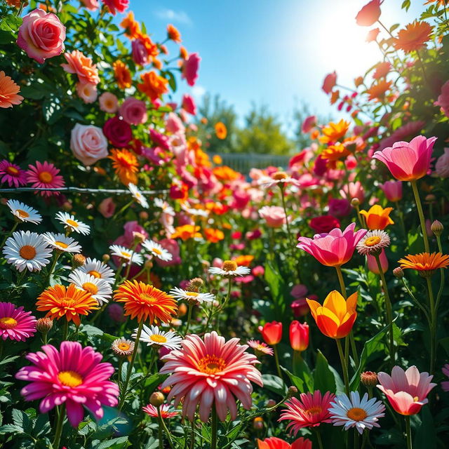 A vibrant, lush garden filled with a variety of flowers in full bloom, including roses, daisies, and tulips, creating a colorful and lively background