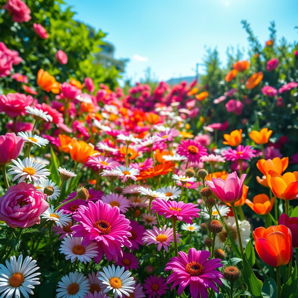 A vibrant, lush garden filled with a variety of flowers in full bloom, including roses, daisies, and tulips, creating a colorful and lively background