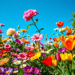 A vibrant, lush garden filled with a variety of flowers in full bloom, including roses, daisies, and tulips, creating a colorful and lively background