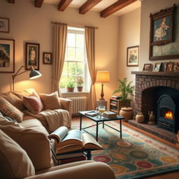 A cozy and inviting home atmosphere, featuring a warm living room with a comfortable sofa, a colorful area rug, a coffee table with books and a steaming cup of tea, soft lighting from stylish lamps, and a window showing a glimpse of a sunny garden