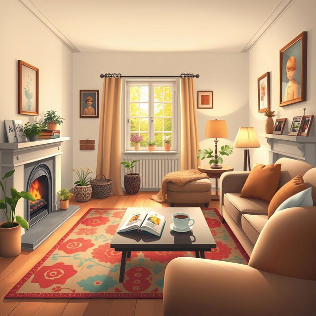 A cozy and inviting home atmosphere, featuring a warm living room with a comfortable sofa, a colorful area rug, a coffee table with books and a steaming cup of tea, soft lighting from stylish lamps, and a window showing a glimpse of a sunny garden