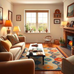 A cozy and inviting home atmosphere, featuring a warm living room with a comfortable sofa, a colorful area rug, a coffee table with books and a steaming cup of tea, soft lighting from stylish lamps, and a window showing a glimpse of a sunny garden