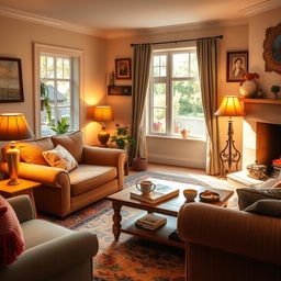 A cozy and inviting home atmosphere, featuring a warm living room with a comfortable sofa, a colorful area rug, a coffee table with books and a steaming cup of tea, soft lighting from stylish lamps, and a window showing a glimpse of a sunny garden