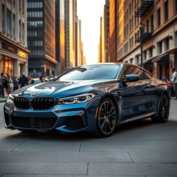 A sleek, modern BMW car parked in an urban setting, showcasing its aerodynamic design and luxurious details