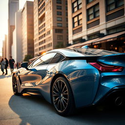 A sleek, modern BMW car parked in an urban setting, showcasing its aerodynamic design and luxurious details
