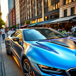 A sleek, modern BMW car parked in an urban setting, showcasing its aerodynamic design and luxurious details