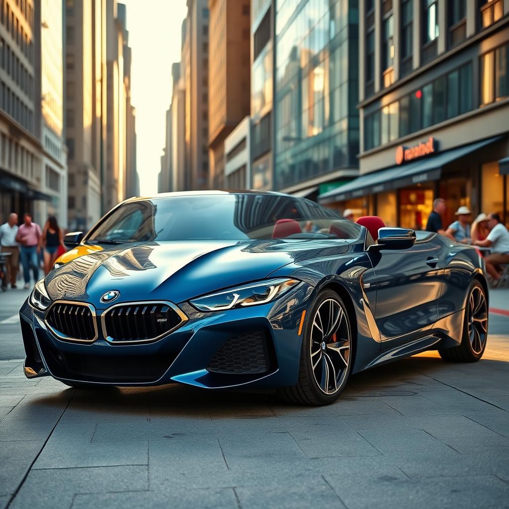 A sleek, modern BMW car parked in an urban setting, showcasing its aerodynamic design and luxurious details