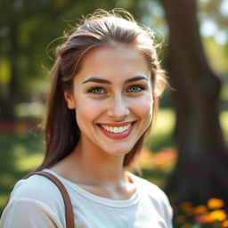 A vibrant portrait of a confident young woman with striking features, smiling warmly, with a blurred background of a sunny park filled with soft greenery and colorful flowers