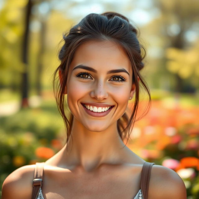 A vibrant portrait of a confident young woman with striking features, smiling warmly, with a blurred background of a sunny park filled with soft greenery and colorful flowers