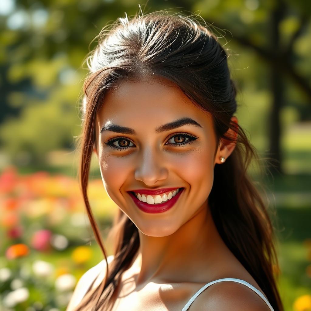 A vibrant portrait of a confident young woman with striking features, smiling warmly, with a blurred background of a sunny park filled with soft greenery and colorful flowers