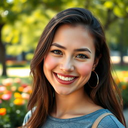 A vibrant portrait of a confident young woman with striking features, smiling warmly, with a blurred background of a sunny park filled with soft greenery and colorful flowers