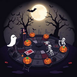 A creatively designed Ludo board themed for Halloween, featuring spooky elements such as ghostly figures, carved pumpkins, eerie bats, and cobwebs