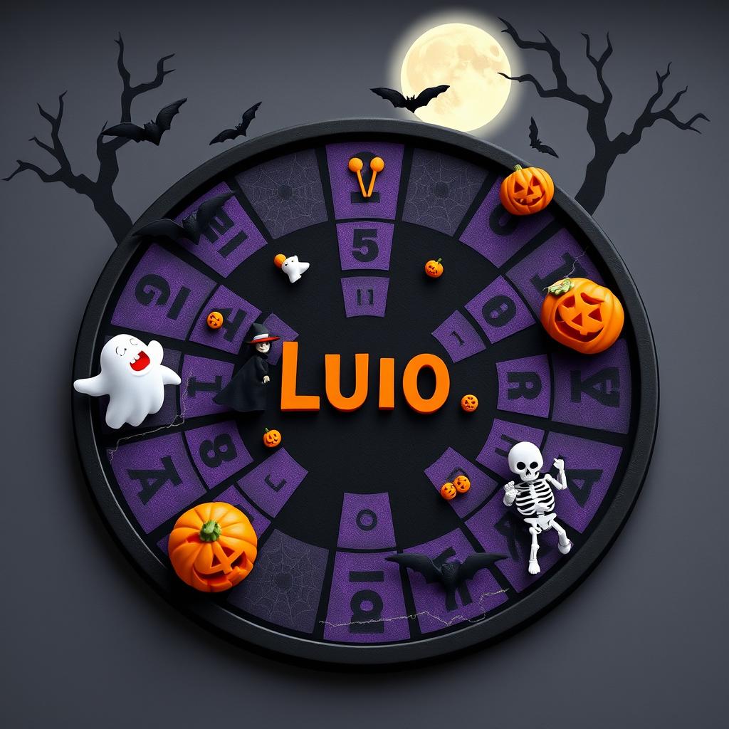 A creatively designed Ludo board themed for Halloween, featuring spooky elements such as ghostly figures, carved pumpkins, eerie bats, and cobwebs