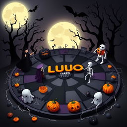 A creatively designed Ludo board themed for Halloween, featuring spooky elements such as ghostly figures, carved pumpkins, eerie bats, and cobwebs