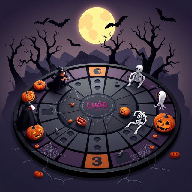 A creatively designed Ludo board themed for Halloween, featuring spooky elements such as ghostly figures, carved pumpkins, eerie bats, and cobwebs