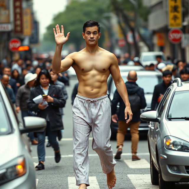 A tall, muscular Asian man with pale skin, wearing only pajamas, confidently crossing a busy street