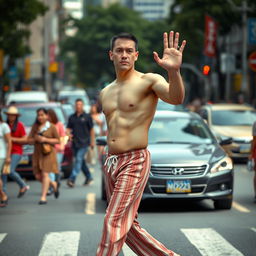 A tall, muscular Asian man with pale skin, wearing only pajamas, confidently crossing a busy street
