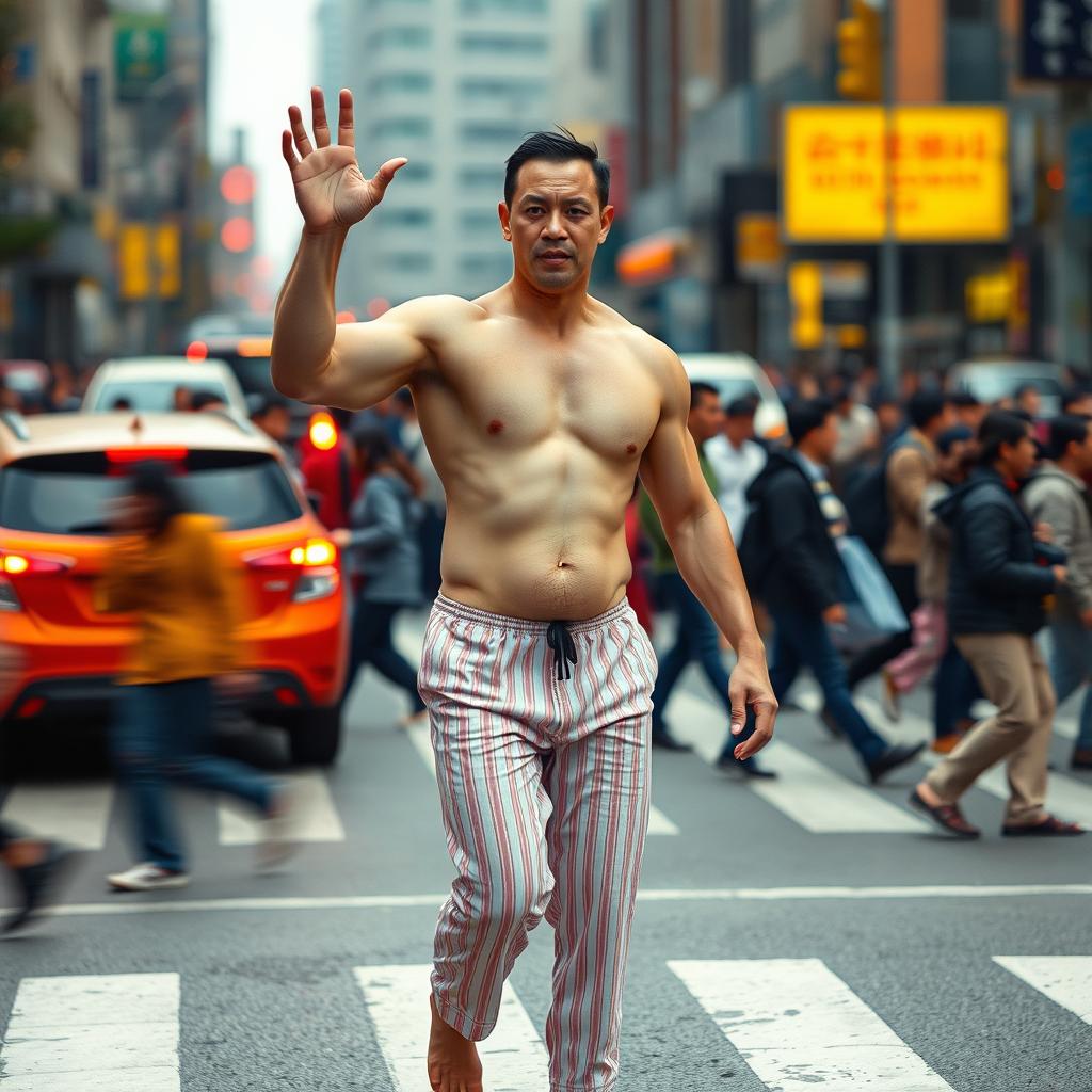 A tall, muscular Asian man with pale skin, wearing only pajamas, confidently crossing a busy street