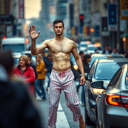 A tall, muscular Asian man with pale skin, wearing only pajamas, confidently crossing a busy street