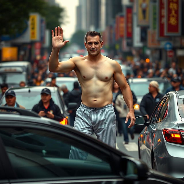 A tall, muscular Asian man with pale skin, dressed only in pajamas, confidently crossing a bustling street