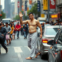 A tall, muscular Asian man with pale skin, dressed only in pajamas, confidently crossing a bustling street