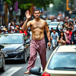A tall, muscular Asian man with pale skin, dressed only in pajamas, confidently crossing a bustling street