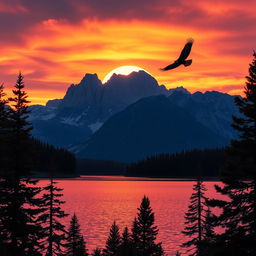 A breathtaking landscape capturing a dramatic sunset over a rugged mountain range, with vibrant orange and purple hues reflecting off a crystal-clear lake in the foreground