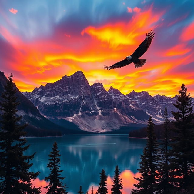 A breathtaking landscape capturing a dramatic sunset over a rugged mountain range, with vibrant orange and purple hues reflecting off a crystal-clear lake in the foreground