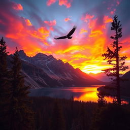 A breathtaking landscape capturing a dramatic sunset over a rugged mountain range, with vibrant orange and purple hues reflecting off a crystal-clear lake in the foreground