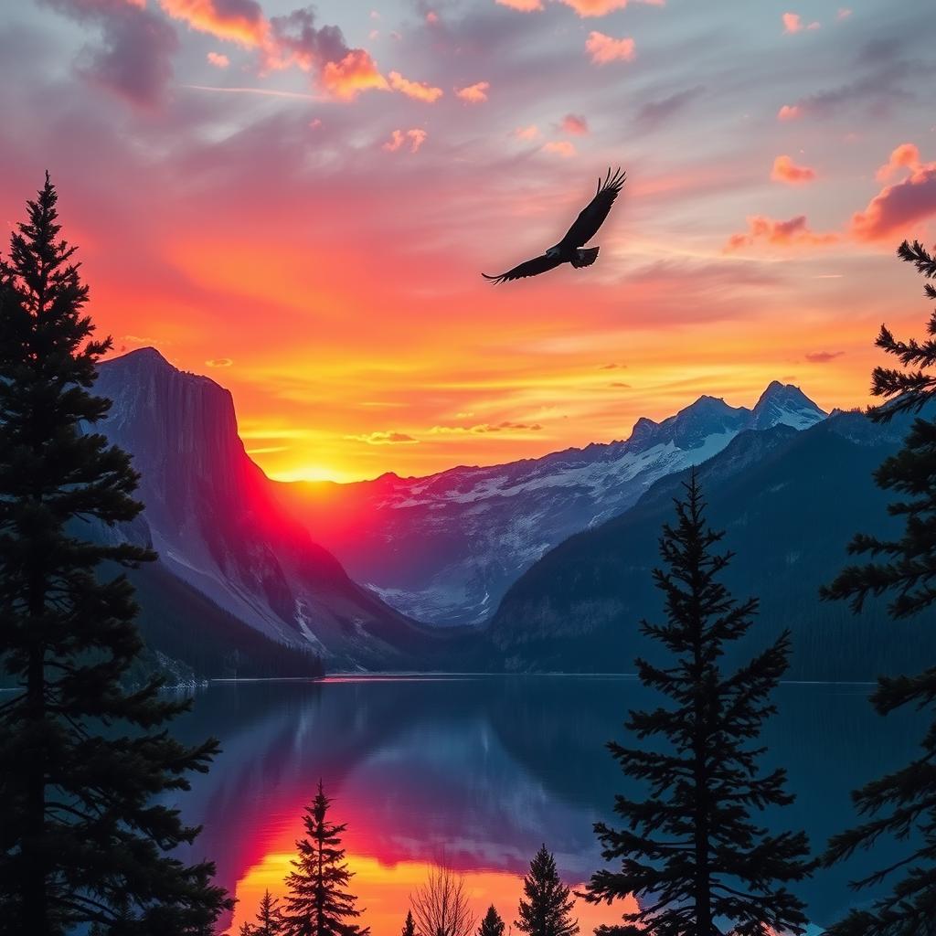 A breathtaking landscape capturing a dramatic sunset over a rugged mountain range, with vibrant orange and purple hues reflecting off a crystal-clear lake in the foreground