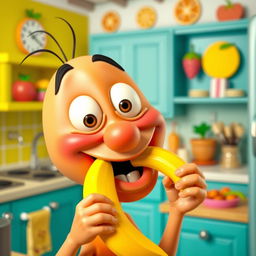 A vividly colored, humorous scene depicting a cartoon character with a large, expressive face, playfully placing a bright yellow banana in their mouth