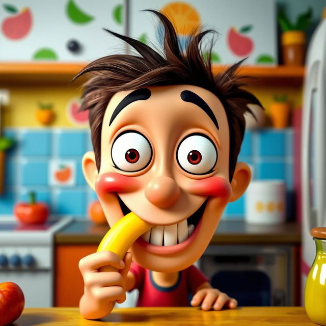 A vividly colored, humorous scene depicting a cartoon character with a large, expressive face, playfully placing a bright yellow banana in their mouth