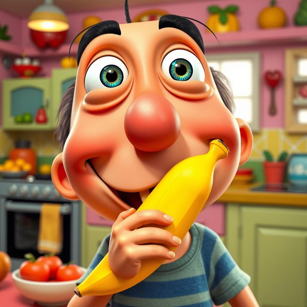 A vividly colored, humorous scene depicting a cartoon character with a large, expressive face, playfully placing a bright yellow banana in their mouth