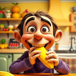 A vividly colored, humorous scene depicting a cartoon character with a large, expressive face, playfully placing a bright yellow banana in their mouth