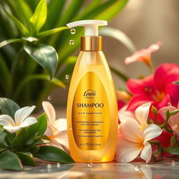 A beautifully designed shampoo bottle, featuring a sleek and modern shape with a luxurious gold label