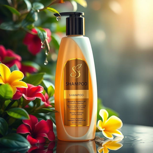 A beautifully designed shampoo bottle, featuring a sleek and modern shape with a luxurious gold label