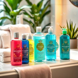 A beautifully arranged display of various shampoo bottles showcasing their unique, vibrant labels