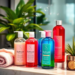 A beautifully arranged display of various shampoo bottles showcasing their unique, vibrant labels