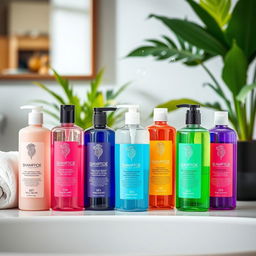 A beautifully arranged display of various shampoo bottles showcasing their unique, vibrant labels