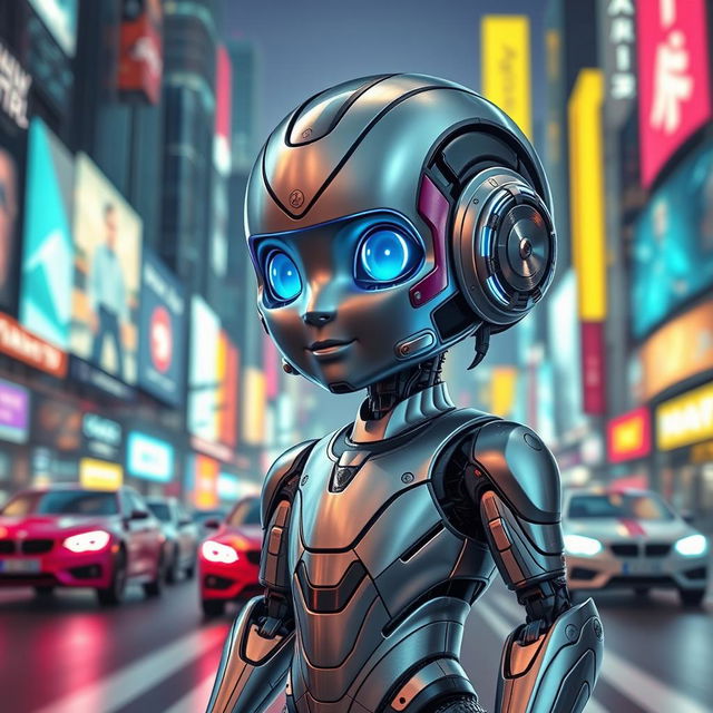 A futuristic robot boy with metallic features, glowing blue eyes, and a sleek body, standing in a vibrant city filled with neon lights