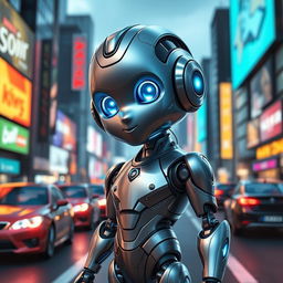 A futuristic robot boy with metallic features, glowing blue eyes, and a sleek body, standing in a vibrant city filled with neon lights