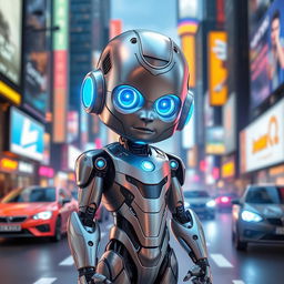 A futuristic robot boy with metallic features, glowing blue eyes, and a sleek body, standing in a vibrant city filled with neon lights