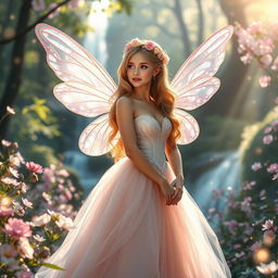 A beautiful fairytale princess with delicate, iridescent wings, wearing an elegant gown made of soft pastel colors