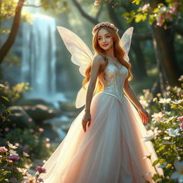 A beautiful fairytale princess with delicate, iridescent wings, wearing an elegant gown made of soft pastel colors