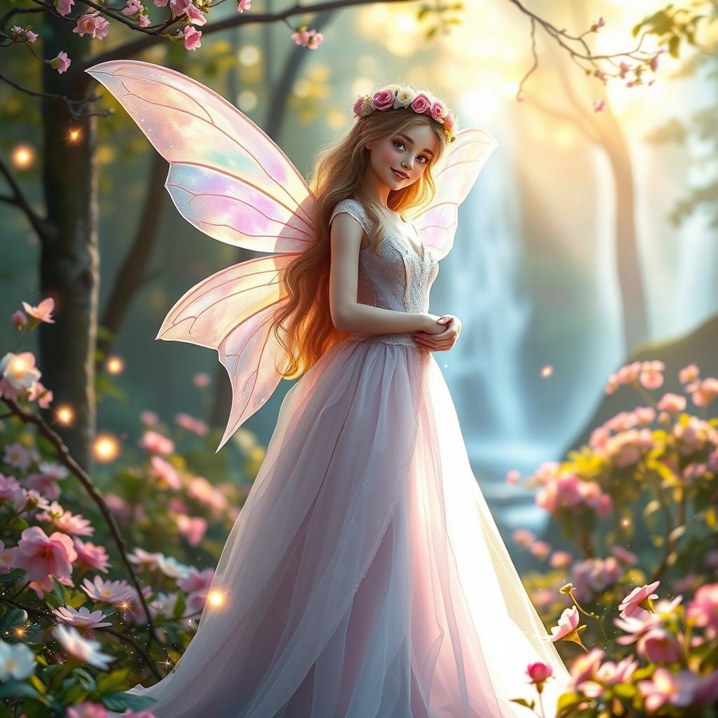 A beautiful fairytale princess with delicate, iridescent wings, wearing an elegant gown made of soft pastel colors