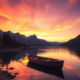 A serene landscape featuring a picturesque sunset over a calm lake surrounded by towering mountains