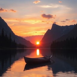 A serene landscape featuring a picturesque sunset over a calm lake surrounded by towering mountains