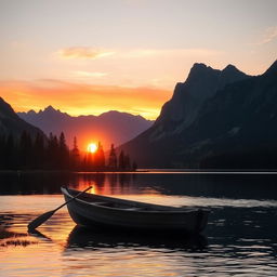 A serene landscape featuring a picturesque sunset over a calm lake surrounded by towering mountains